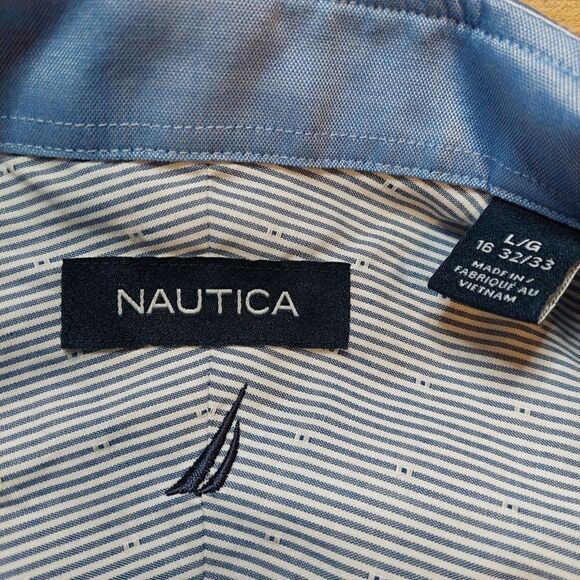 Nautica Men's Classic-Fit Blue White Cotton Long-Sleeve Button Dress Shi… - Picture 11 of 16